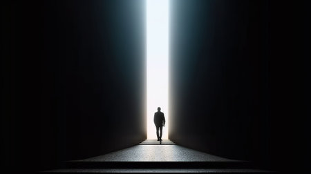Business success and life in motion concept with man walking towards the light from wall hole in the middle of a huge dark hall with stairsの素材