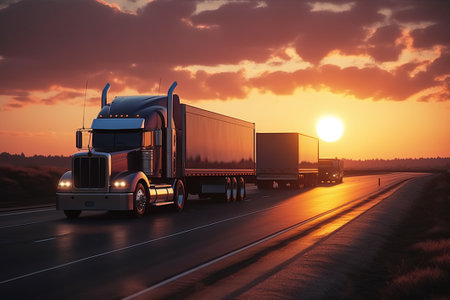 Cargo Trucks on the Highway at Sunset carrying merchendise. Beautiful Truck on the Road at sunriseの素材