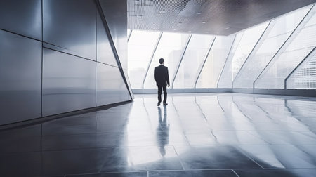 Businessman walking in abstract glass building open space interiorの素材