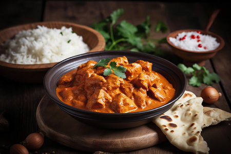 Chicken tikka masala spicy curry meat food in a clay plate with rice and naan bread on wooden backgroundの素材