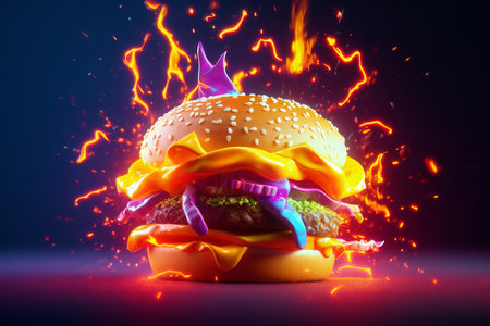 Cheeseburger dynamic view in neon disco lights and lightnings, tasty and classic explosionの素材