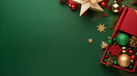 Christmas background. Top view of christmas decorations and gift box on green background.の素材