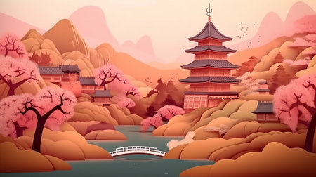 Chinese landscape with pagoda in paper art styleの素材