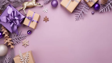 Christmas tree decoration concept. Top view photo of pink and violet baubles deer ice skates flower snowflake ornaments pine branches and confetti on isolated pastel beige background with blank spaceの素材