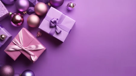 Christmas tree decoration concept. Top view photo of pink and violet baubles deer ice skates flower snowflake ornaments pine branches and confetti on isolated pastel beige background with blank spaceの素材