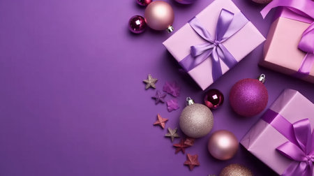 Christmas tree decoration concept. Top view photo of pink and violet baubles deer ice skates flower snowflake ornaments pine branches and confetti on isolated pastel beige background with blank spaceの素材