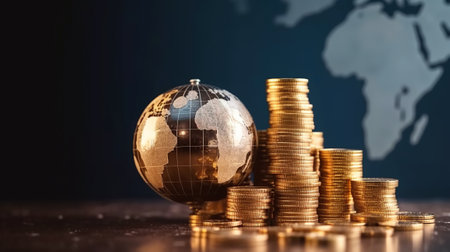 christmas concept. Globe and stack with coins. Money makes the world go roundの素材
