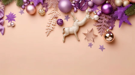 Christmas ornaments on pink background. Top view with copy spaceの素材
