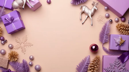 Christmas tree decoration concept. Top view photo of pink and violet baubles deer ice skates flower snowflake ornaments pine branches and confetti on isolated pastel beige background with blank spaceの素材