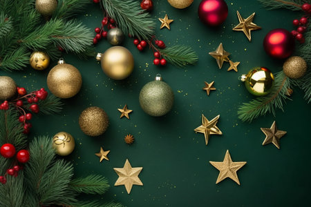 Christmas tree decoration concept. Top view photo of red gold green baubles star ornaments mistletoe berries and pine branches in hoarfrost on isolated green background with copyspaceの素材