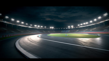 Circular asphalt racing track with cheering fans and illuminated floodlightsの素材