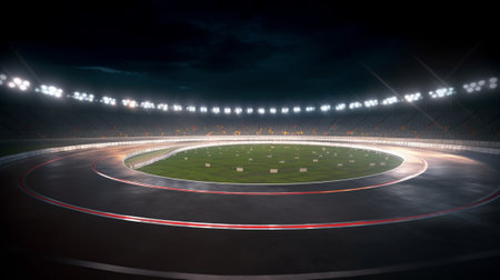 Circular asphalt racing track with cheering fans and illuminated floodlightsの素材