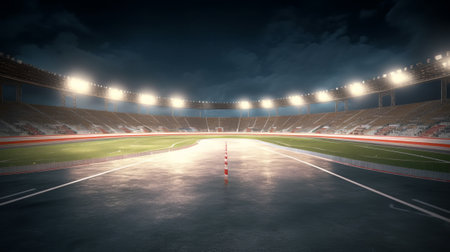 Circular asphalt racing track with cheering fans and illuminated floodlightsの素材