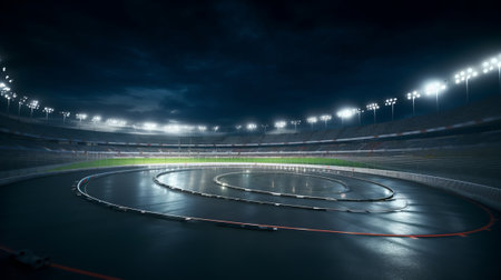 Circular asphalt racing track with cheering fans and illuminated floodlightsの素材
