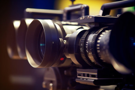 close up on media production video cameras in a recording studio, all logos or trademark signs and elements were cloned away or blurred outの素材