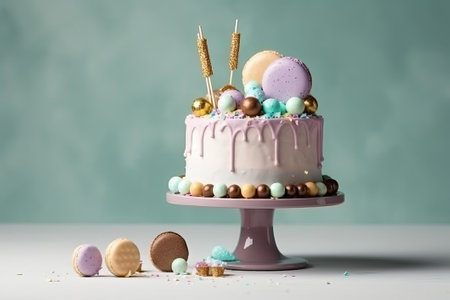 Colorful cake on a stand decorated with sweets, stars, chocolate for baby birthday on a light backgroundの素材