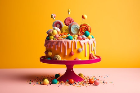 Colorful cake on a stand decorated with sweets, stars, chocolate for baby birthday on a light backgroundの素材