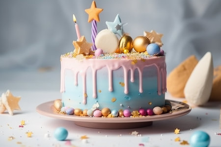 Colorful cake on a stand decorated with sweets, stars, chocolate for baby birthday on a light backgroundの素材