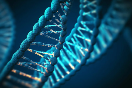 Concept of human DNA details view under the microscope. Blue helix background close-up macro detail of chromosomes helixの素材