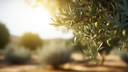 defocused olive fiel trees background with branches on the side at morning sunshine with copyspace areaの素材