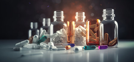 different bills and bottles for pharmaceutical and healthcare medication and drug research labs concepts with copy space areaの素材