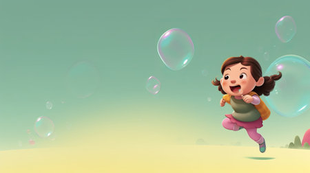cute little girl chasing and playing with soap bubbles, wide banner with copy space area for kids play fun times conceptsの素材