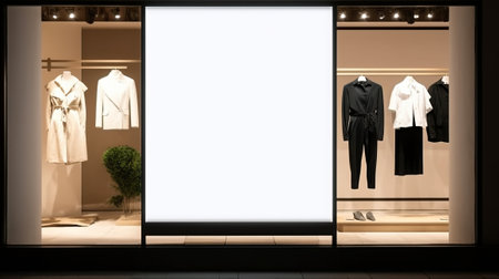display window of fashion or clothing boutique shop with blank clean signboard mockup for offers or sale seasonの素材