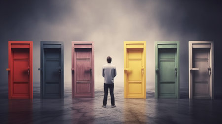Businessman standing in front of many doors with smoke coming out conceptの素材