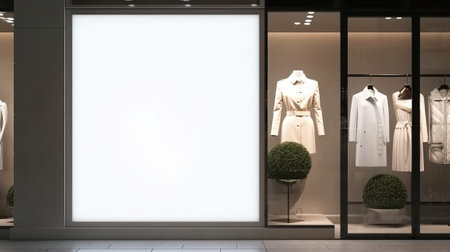 display window of fashion or clothing boutique shop with blank clean signboard mockup for offers or sale seasonの素材