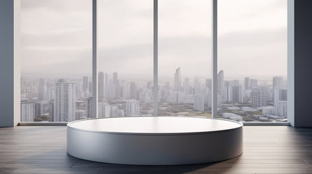 Empty round podium in modern interior with city view. Mock upの素材
