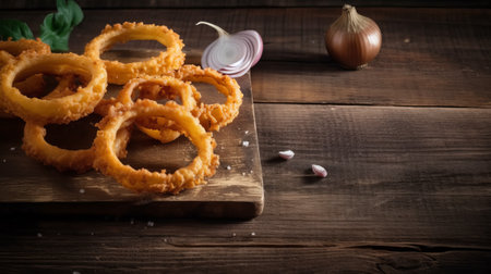 Fried onion rings on rustic wooden backgroundの素材