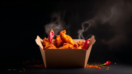 fresh hot chicken tenders or wings in takeaway container, hot ready to serve and eat banner with copy space empty areaの素材