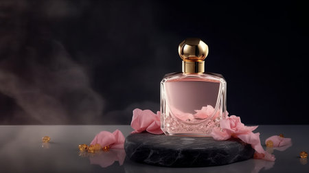 generic luxury roses perfume mockup glass bottle with golden chrome cap and pink crystal body on rock displayの素材