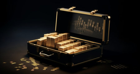 gold bars ingots reserve in suitcase with performance price chart, concept for trading precious metals and inflation hedge assetsの素材