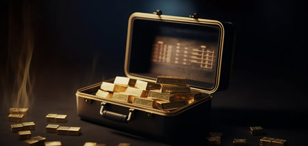 gold bars ingots reserve in suitcase with performance price chart, concept for trading precious metals and inflation hedge assetsの素材