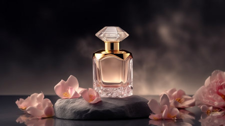 generic luxury roses perfume mockup glass bottle with golden chrome cap and pink crystal body on rock displayの素材