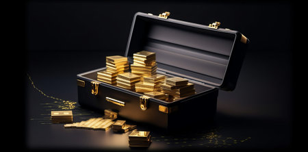 gold bars ingots reserve in suitcase with performance price chart, concept for trading precious metals and inflation hedge assetsの素材