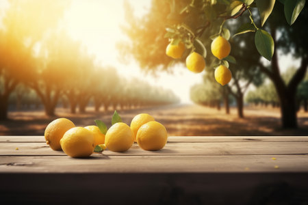 golden hour lemon citrus fruits on wooden table with trees field on morning sunshine background with copyspace areaの素材