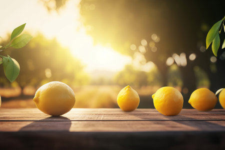 golden hour lemon citrus fruits on wooden table with trees field on morning sunshine background with copyspace areaの素材
