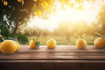 golden hour lemon citrus fruits on wooden table with trees field on morning sunshine background with copyspace areaの素材