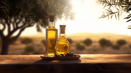 golden olive oil bottle on wooden table olive field in morning sunshine with copyspace areaの素材