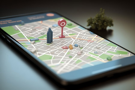 GPS app, map with pin pointing on mobile screenの素材