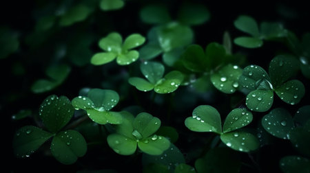 Green leaves of clover with water drops on dark backgroundの素材
