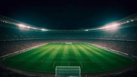 Grand stadium full of spectators expecting an evening match on the green grass fieldの素材