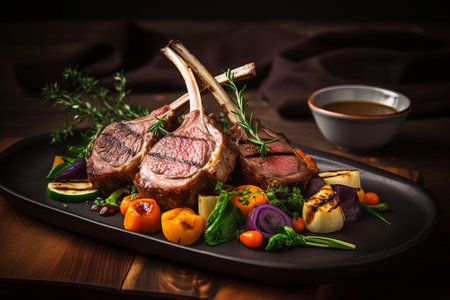 Grilled rack of lamb with vegetables. Professional foodの素材