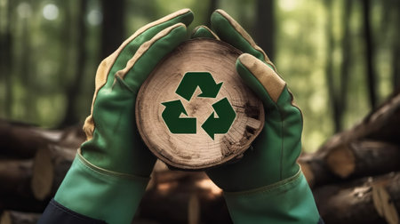 Hands with protective work gloves holding a recycling symbol made of green and brown wood inside of a cross section of a tree trunk. Sustainable Resources concept. Green forest on backgroundの素材