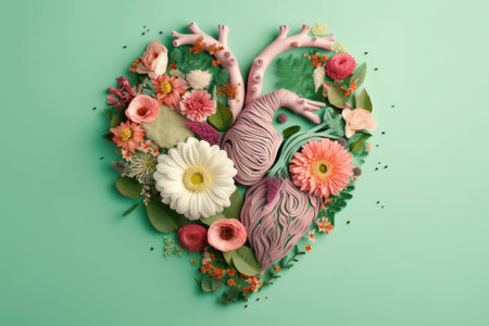 Heart made of fresh flowers on light green backgroundの素材
