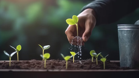 Growing Money, Plant On Coins, business finance and saving money investment concept, Businessman is Watering the plants on stacking coinsの素材