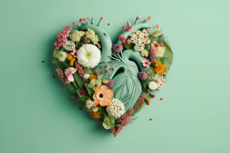 Heart made of fresh flowers on light green backgroundの素材