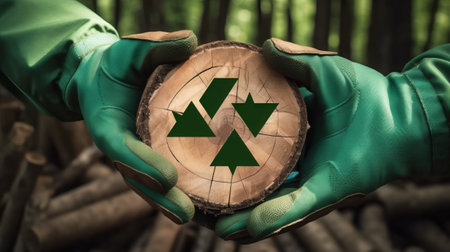 Hands with protective work gloves holding a recycling symbol made of green and brown wood inside of a cross section of a tree trunk. Sustainable Resources concept. Green forest on backgroundの素材